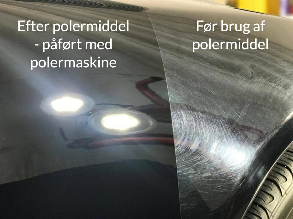 Bil før og efter polering med tekst